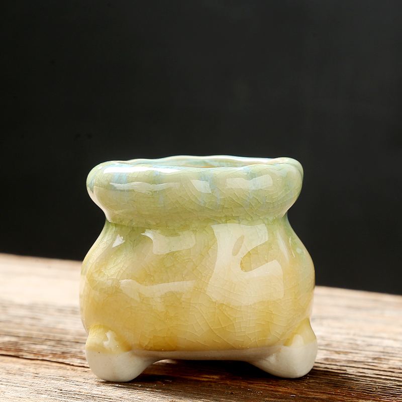 多肉陶瓷花盆冰裂窑变麻花圆口带脚控型小花盆拇指盆透气特价清仓