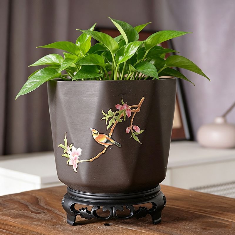 紫砂绿植盆陶瓷吊兰盆景带孔菱形古典虎皮兰盆栽摆件带托盘景观盆
