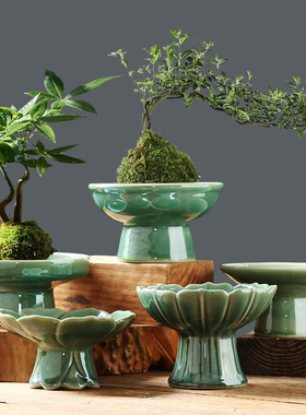 苔藓球托盘陶瓷无孔中式冰裂米竹水培底托菖蒲球专用盆盆景