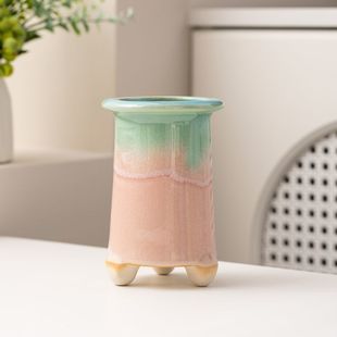 多肉花盆陶瓷渐变流釉带脚透气冰裂简约家用桌面装饰高筒创意个性