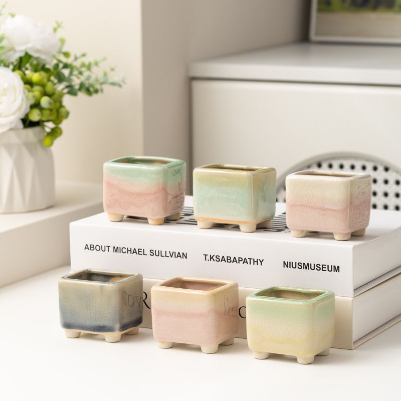 多肉陶瓷花盆带脚冰裂透气四方个性造型创意流釉渐变桌面家用装饰