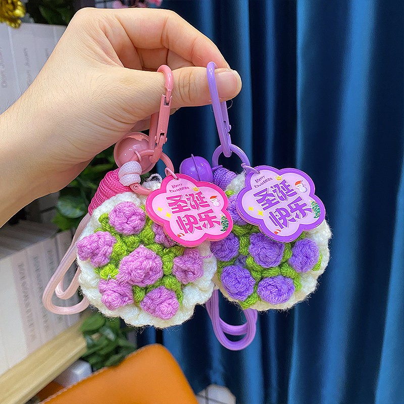 毛线钩织手捧花钥匙扣仿真红玫瑰圣诞节快乐送朋友闺蜜挂件礼品