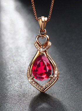 玫瑰金色红宝石项链欧美水晶