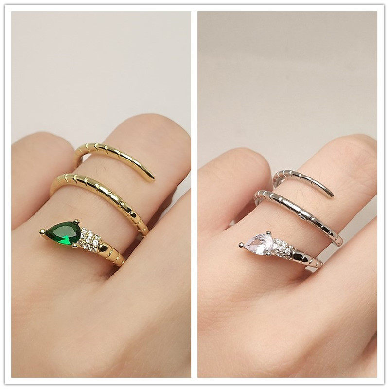 纯银时尚个性百搭缠绕灵蛇开口戒指女轻奢水滴莫桑钻石小蛇戒指环