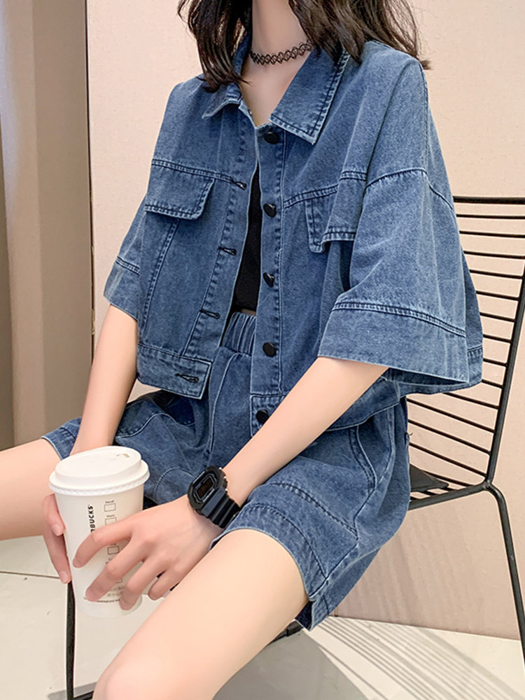 时尚减龄套装女2023夏季网红炸街大码胖妹休闲牛仔阔腿短裤两件套