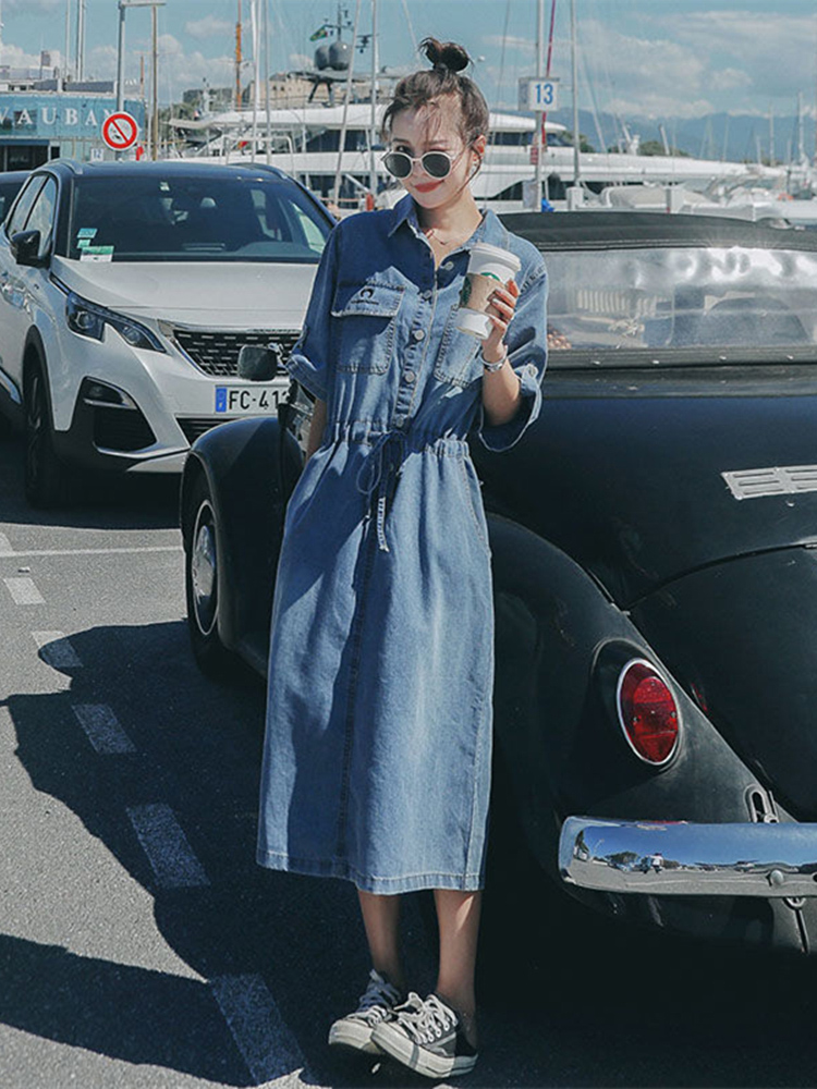 开叉连衣裙2021年小个子收腰牛仔