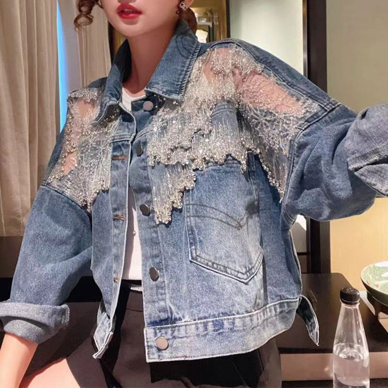 茜露繁星闪耀2023春秋季重工刺绣宽松显瘦镶钻牛仔短款外套上衣衫