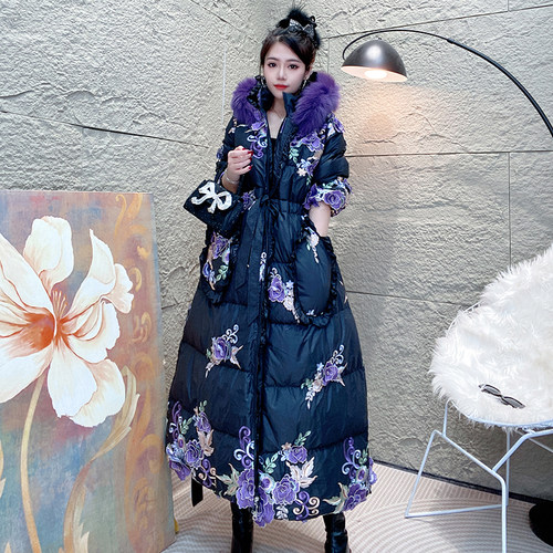 高端刺绣羽绒服女款2025冬季新款白鸭绒中长款内胆保暖加厚外套潮