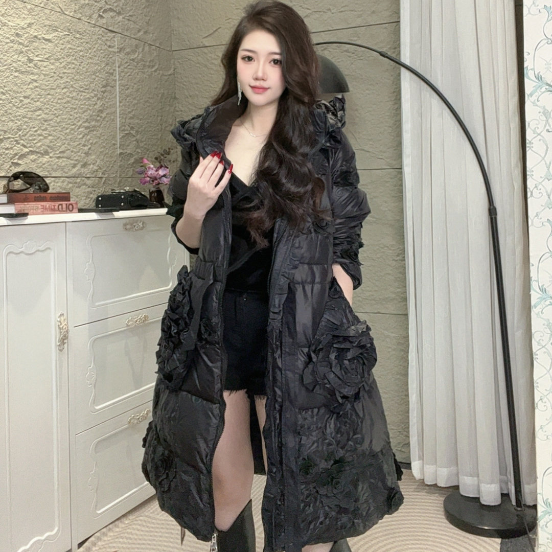 黑色连帽中长款羽绒服女厚款大口袋学院风外套