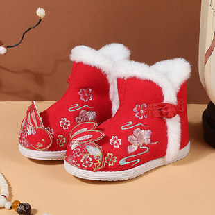 老北京布鞋女童冬季古装中国风民族雪地靴棉靴儿童绣花鞋汉服鞋子