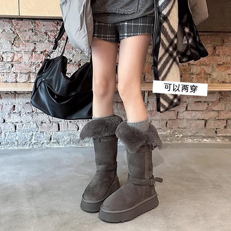 灰色两穿不过膝雪地靴女冬新款厚底增高加绒加厚长筒雪地棉鞋