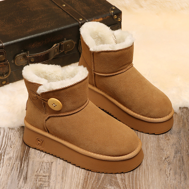圆扣真皮雪地靴女2025年新款短筒冬季短靴韩版百搭加绒棉鞋面包鞋