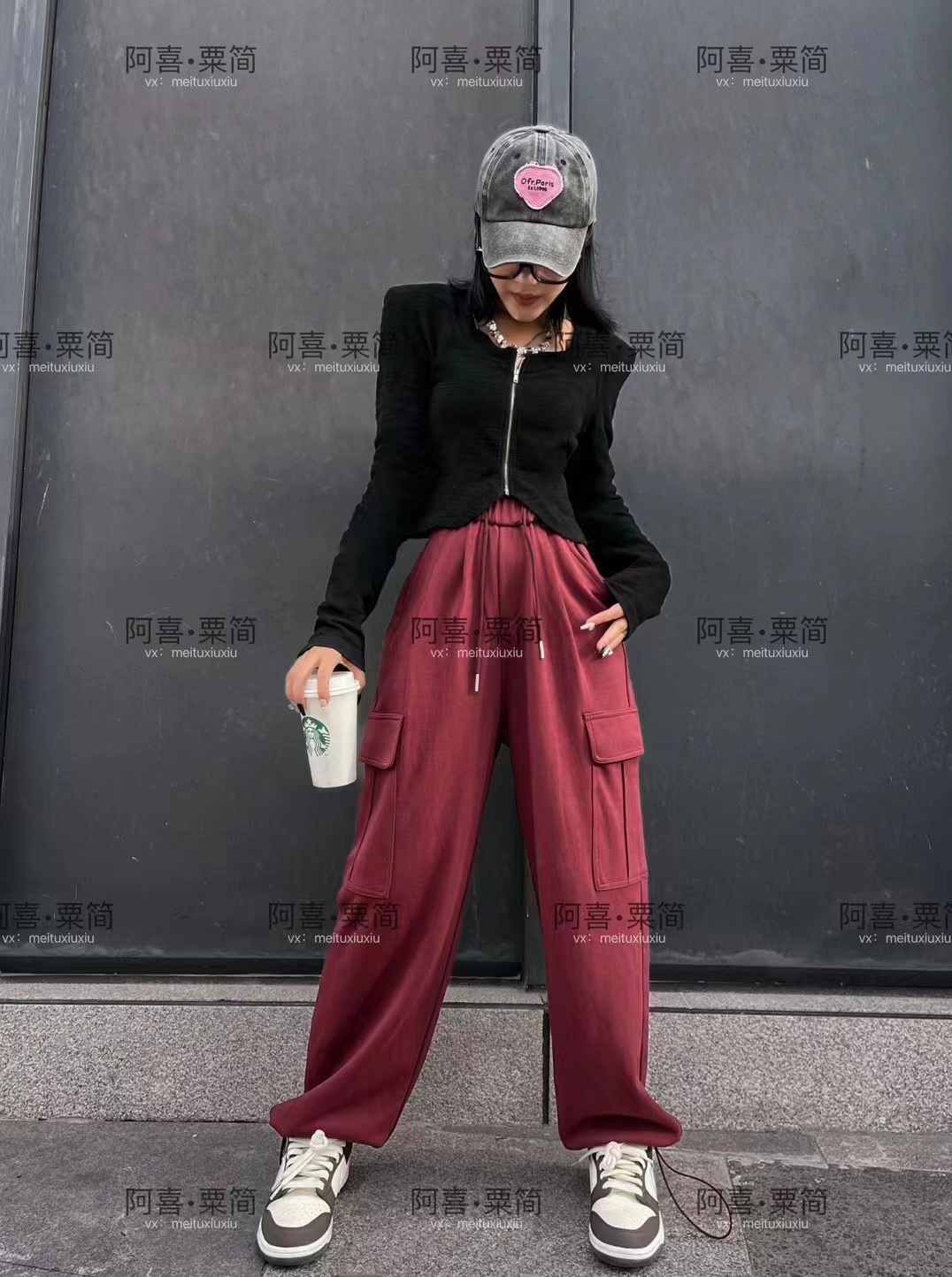 A.XI阿喜秋冬款高腰抽绳哈伦工装裤女2023宽松九分束脚休闲裤7738