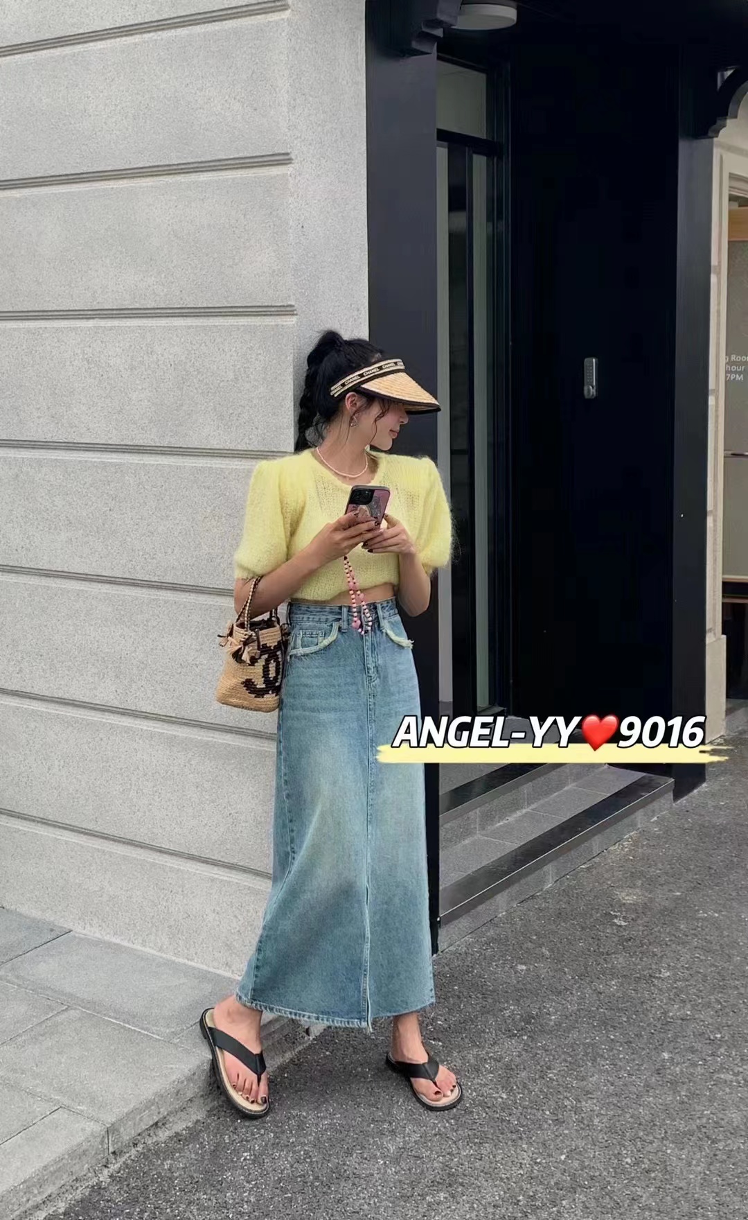 angelyy2023春季新高腰显瘦弹力A字中长款牛仔半身裙女潮9016