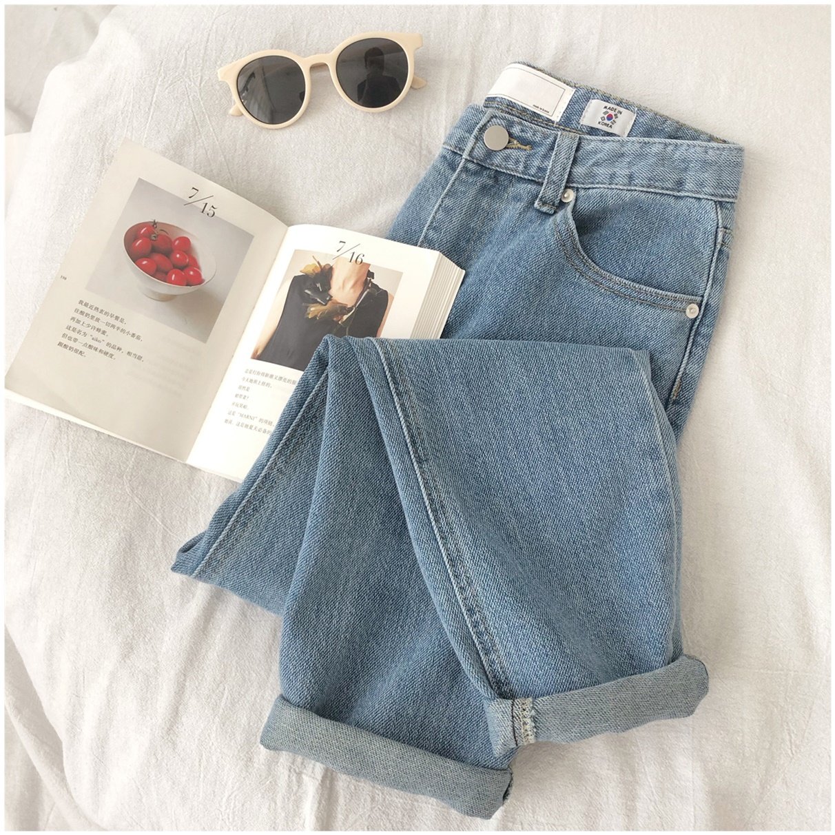 BLINGBLING亮闪闪~颜色丸美 秒变大长腿高腰宽松浅色直筒牛仔裤女