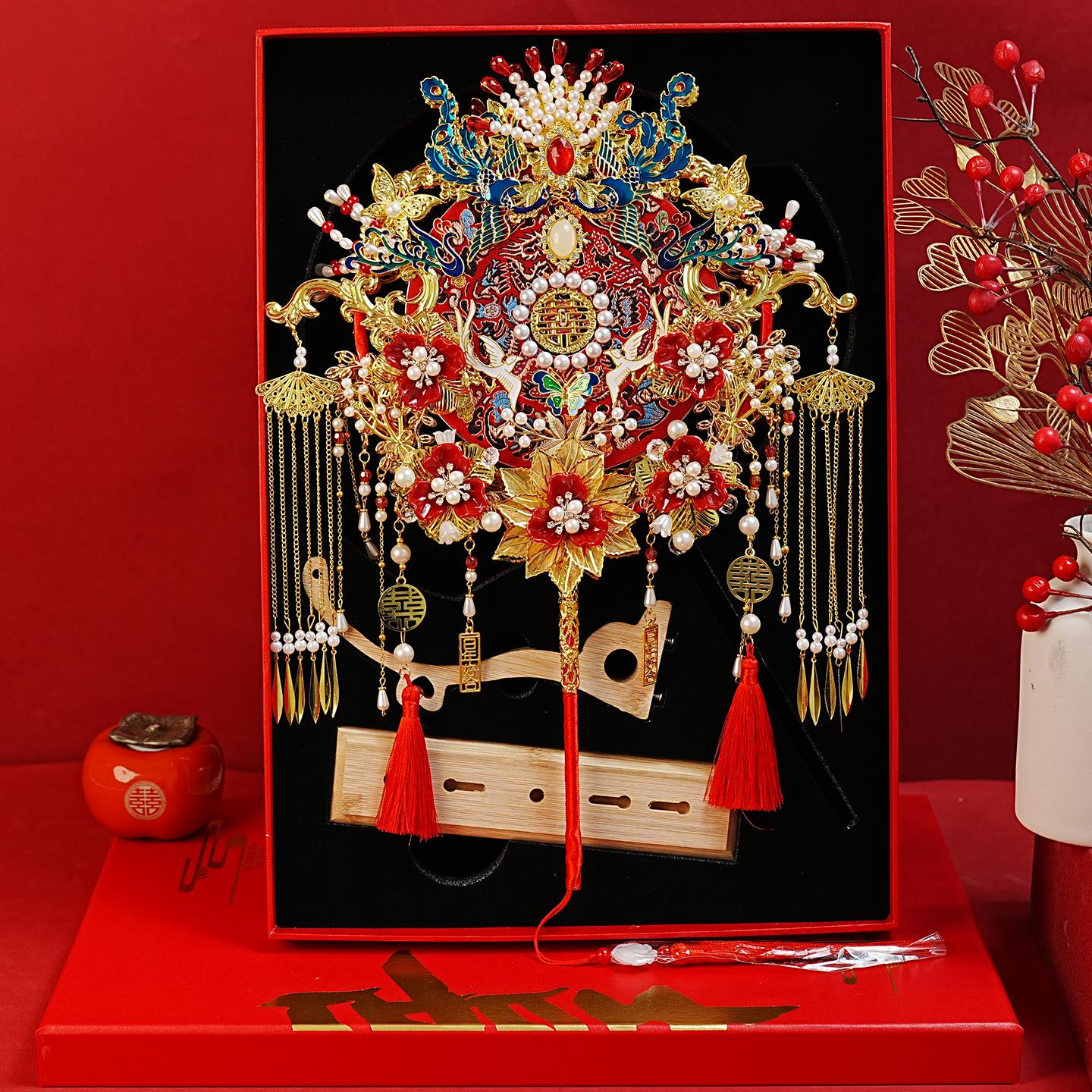 双面团扇新娘结婚礼出嫁高级成品秀禾喜扇送礼中式扇子diy材料包