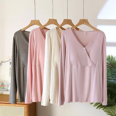 带胸垫哺乳上衣秋衣莫代尔睡衣孕妇内搭衣春秋款月子服哺乳长袖