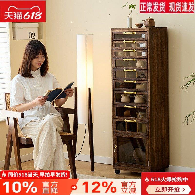 实木带灯茶具收纳柜牙科柜首饰文玩柜子多层抽屉可视玻璃移动角柜