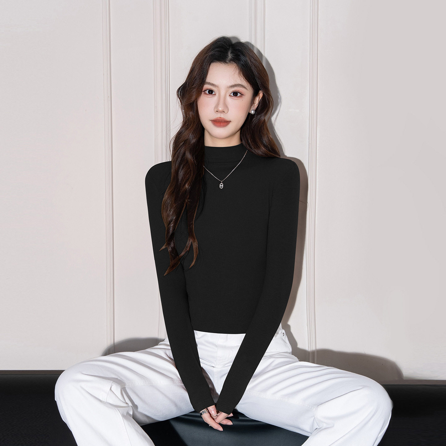 黑色半高领长袖打底衫女内搭新款秋冬感针织薄款修身上衣