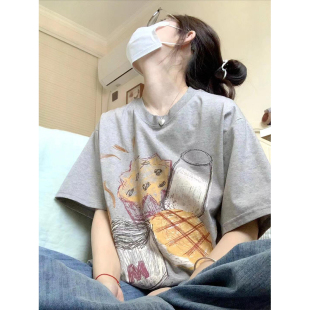 美式 体恤上衣服 复古灰色纯棉短袖 T恤女夏设计感小众宽松显瘦半袖