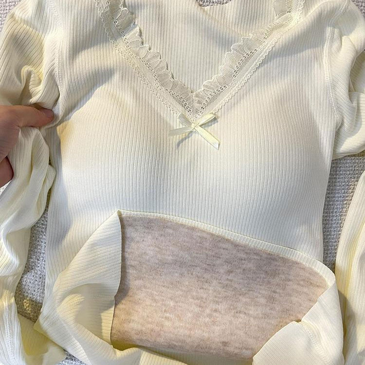 带胸垫蕾丝v领内搭长袖上衣