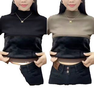 加绒加厚半高领打底衫女冬季保暖内搭一体绒长袖t恤修身中领上衣