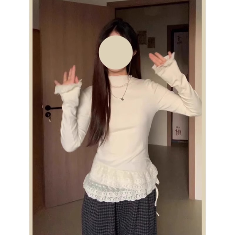 韩系白色半高领蕾丝拼接T恤女装秋冬加绒加厚打底衫内搭短款上衣