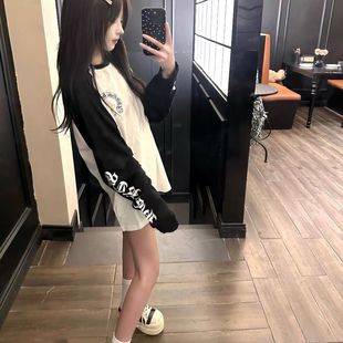 国潮牌美式高街撞色梵文插肩长袖t恤女春秋设计感宽松打底衫上衣