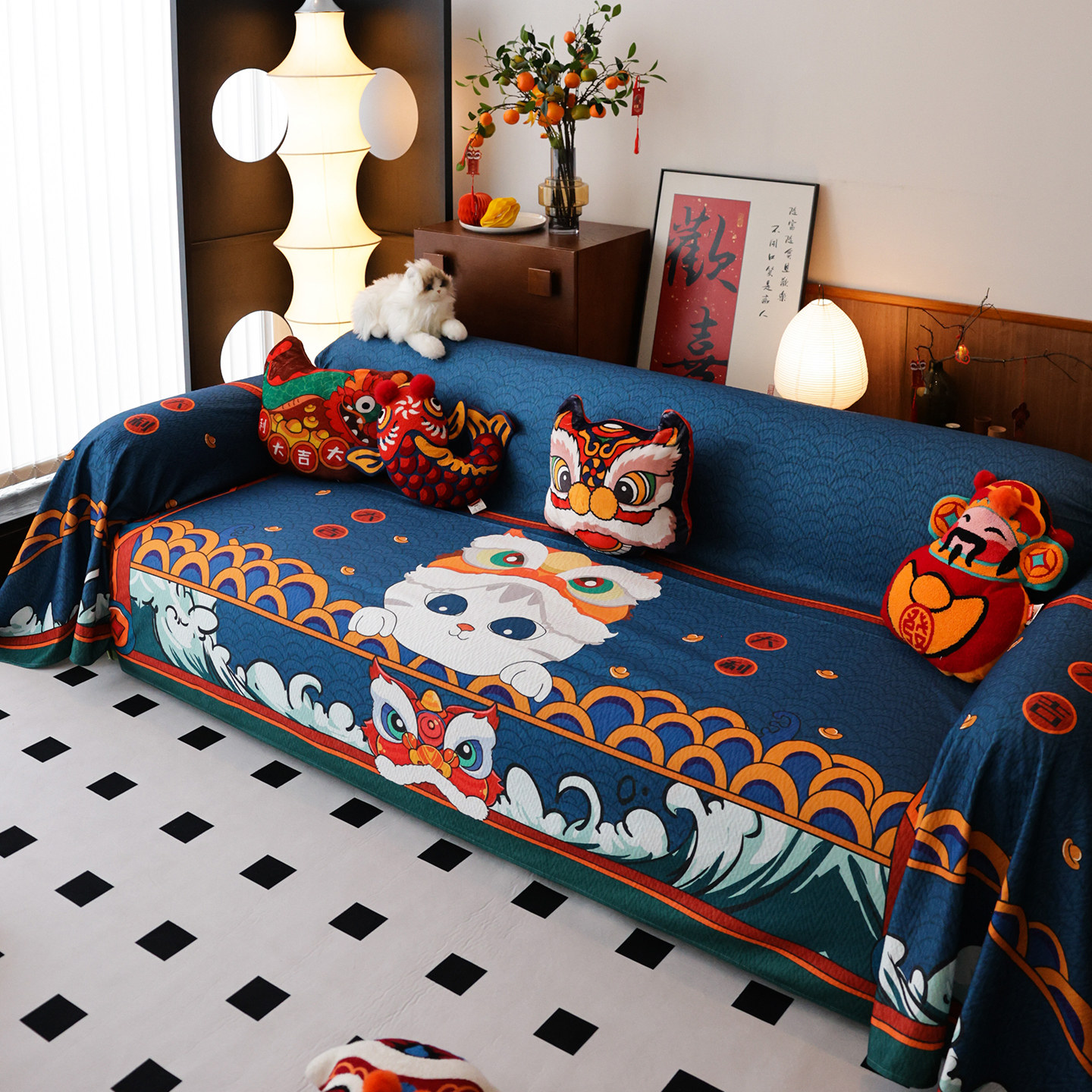 敏顺新年红色沙发盖布过年沙发垫一片式高级感轻奢国潮沙发套罩巾