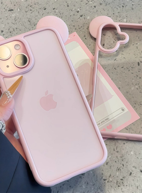 ins风高颜值立体米奇耳朵透明背板适用iPhone16/15pomax情侣手机壳新款苹果14pro闺蜜13简约创意12防摔保护套