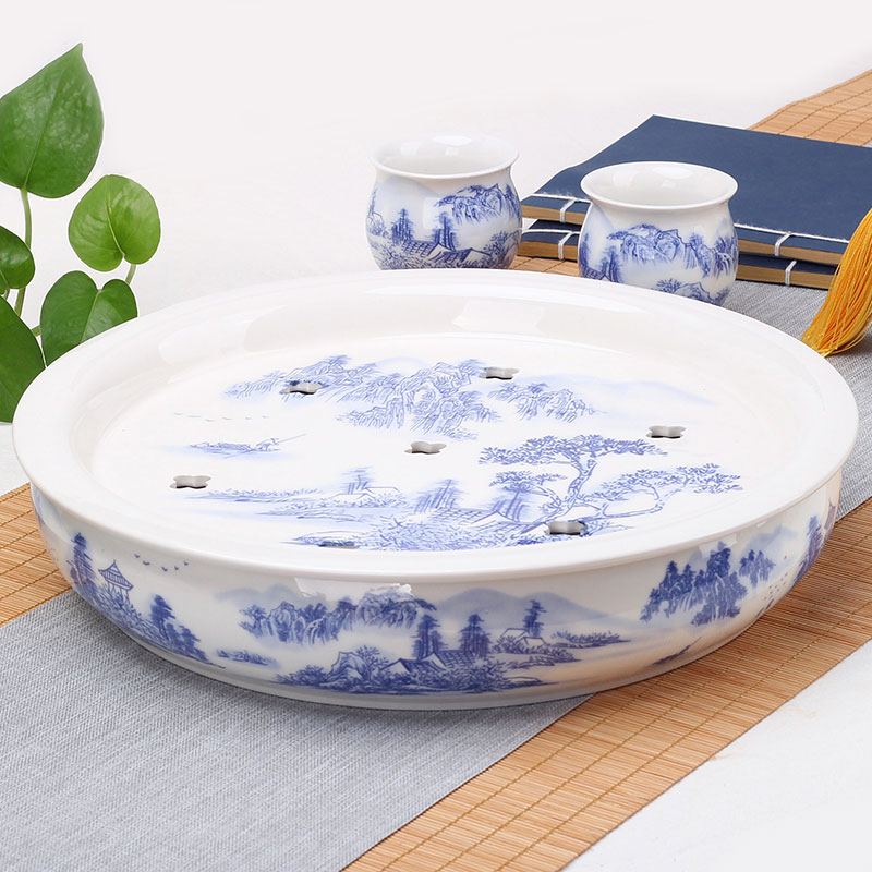 青花瓷陶瓷茶盘家用圆嵌式储水干泡盘简易茶具海茶具