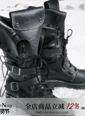 CestNous 气眼绑带朋克重工翻折两穿黑色骑士靴女圆头厚底增高靴