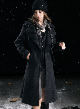 CestNous 古典宫廷骑士马甲叠穿排扣大翻领黑灰色毛呢大衣女秋冬