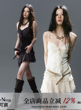 CestNous海巫诗语 抽褶绑带皮带拼接网纱吊带裙荷叶边显瘦收腰裙