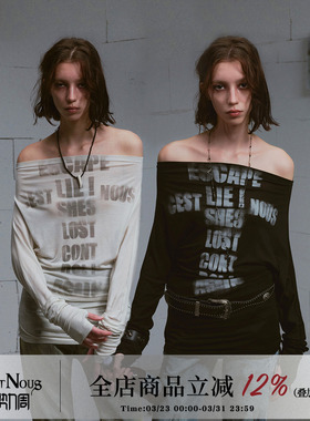 CestNous迷失末路 十字拓印堆堆蝙蝠袖一字肩天丝薄款长袖印花T恤