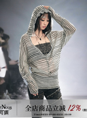 CestNous白黑杂色条纹抹胸连帽小衫上衣两件套镂空肌理蝙蝠袖罩衫