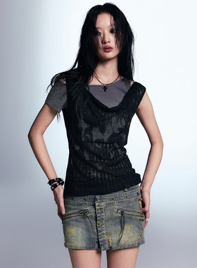 Cest Nous柳智敏同款 朋克涂鸦印花T恤女不对称假两件背心短袖