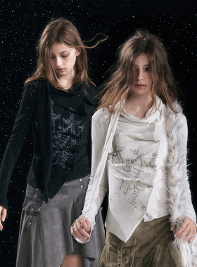 CestNous斑驳涂鸦褶皱长袖针织小衫女修身显瘦不规则门襟围巾上衣