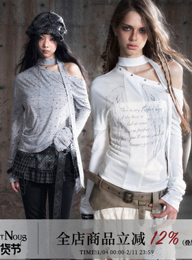 CestNous十字印花长袖针织斜肩T恤女百搭铆钉朋克风铆钉波点小衫