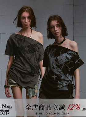 CestNous迷失末路 印花露肩短袖oversize斜肩抽绳T恤女夏季短袖