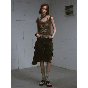 CestNous迷失末路 破洞拼接口袋grunge风泥染毛边宽松牛仔七分裤