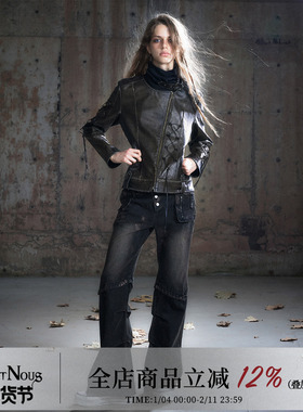 CestNous泥泞脏染双腰拼接做旧低腰牛仔裤女百搭不对称口袋直筒裤