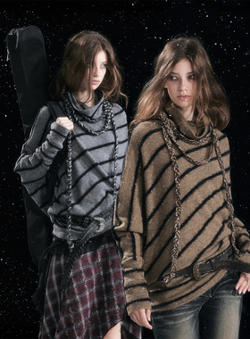 CestNous斜条纹毛衣女冬宽松蝙蝠袖不对称编绳系带慵懒感毛针织衫