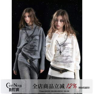 CestNous不对称歪斜链条涂鸦蝙蝠袖 堆褶毛衣女秋冬宽松半高领毛衫