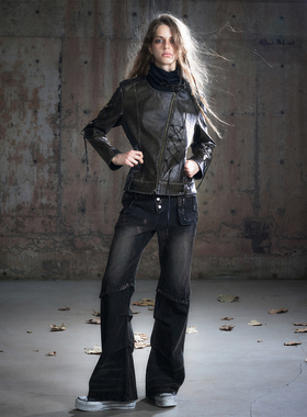 CestNous泥泞脏染双腰拼接做旧低腰牛仔裤女百搭不对称口袋直筒裤