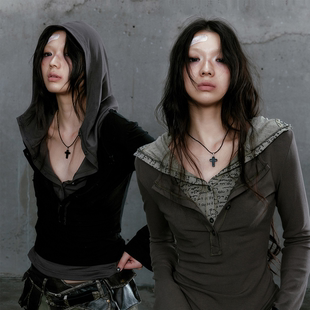 CestNous浪游世纪 流浪朋克拼接叠穿假两件帽衫女针织打底衫上衣