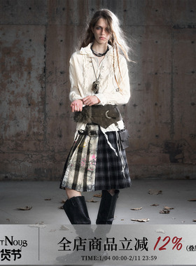 CestNous皮腰头拼接黑灰格子皮带百褶裙女涂鸦做旧撞色朋克风中裙