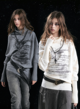 CestNous不对称歪斜链条涂鸦蝙蝠袖堆褶毛衣女秋冬宽松半高领毛衫