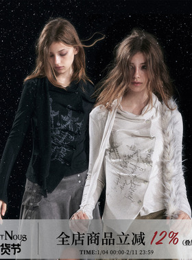 CestNous斑驳涂鸦褶皱长袖针织小衫女修身显瘦不规则门襟围巾上衣