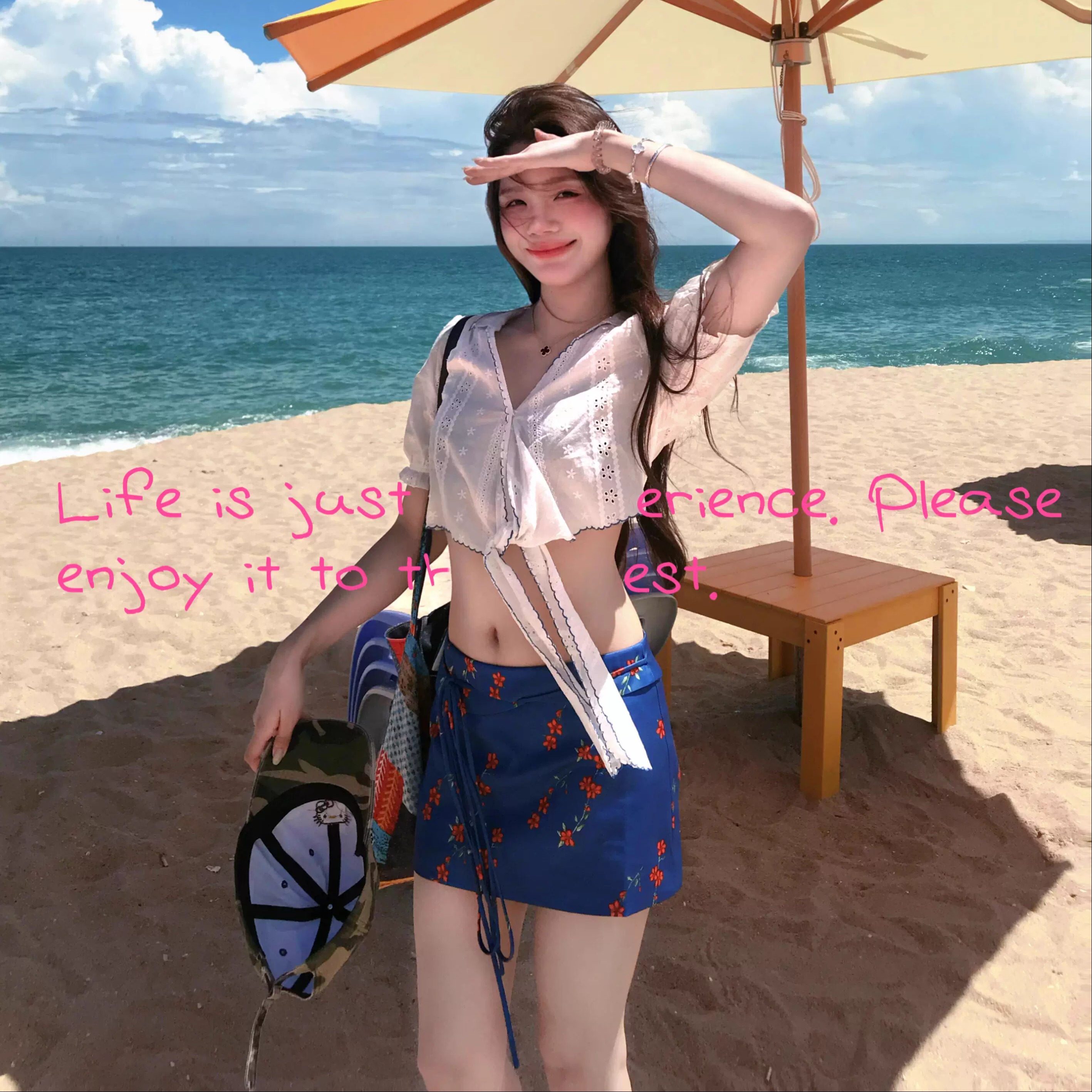 泰国海岛旅游度假拍照穿搭女短款绑带衬衫高腰碎花半身裙两件套装